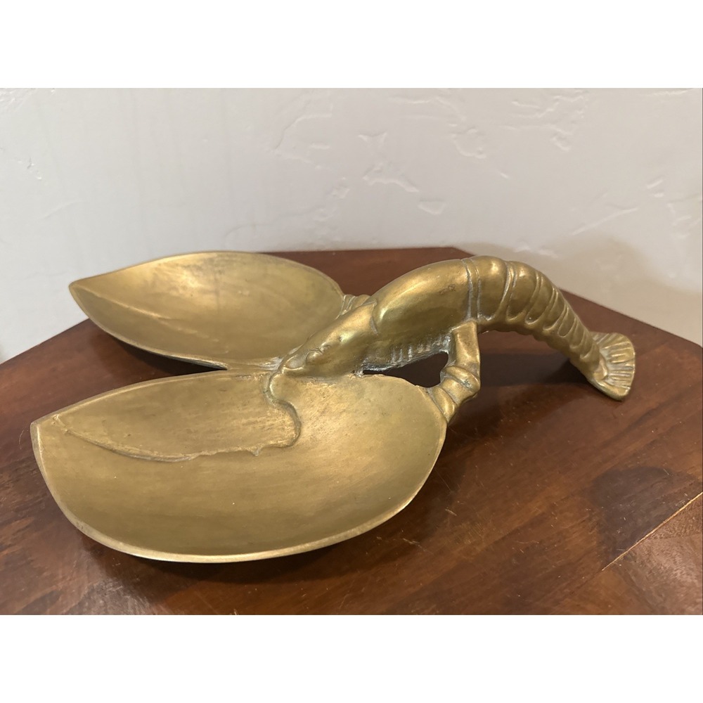 Vintage Heavy Solid Brass Lobster Dish Tray 12" Mid Century Hollywood Regency